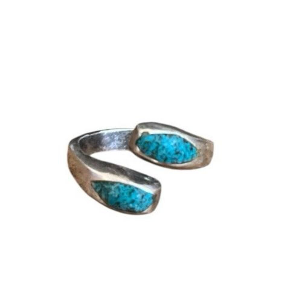 Vintage Sterling Silver Ring Teardrop Flaked Turquoise Split 925 Mexico